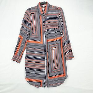 Trina Turk Womens Button Down Orange Blue Striped Long Sleeve 100% Silk Dress 8